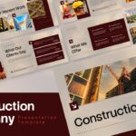 Construction Company Profile Template - full deck preview showing 11 slides in beige and dark maroon