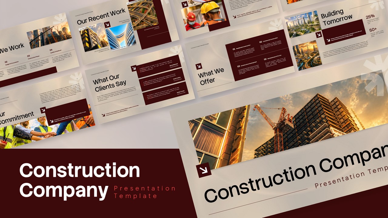 Construction Company Profile Template - full deck preview showing 11 slides in beige and dark maroon