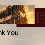 Construction Company Profile - Thank You closing slide with construction site photo and dark maroon contact info panel