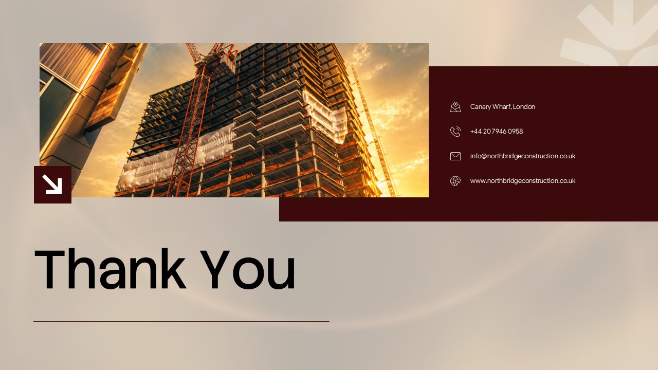 Construction Company Profile - Thank You closing slide with construction site photo and dark maroon contact info panel