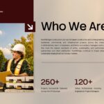 Construction Company Profile - Who We Are slide with team photo, company overview, and three key stats
