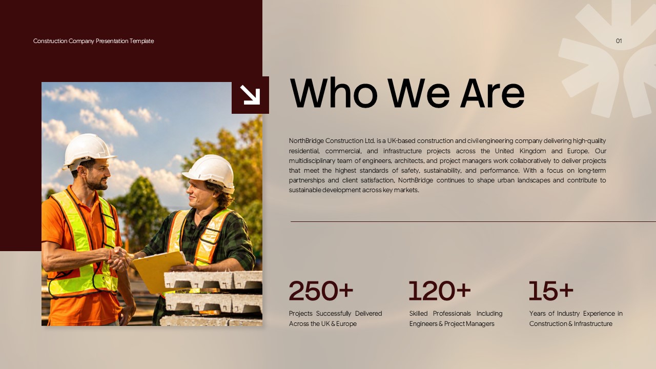 Construction Company Profile - Who We Are slide with team photo, company overview, and three key stats