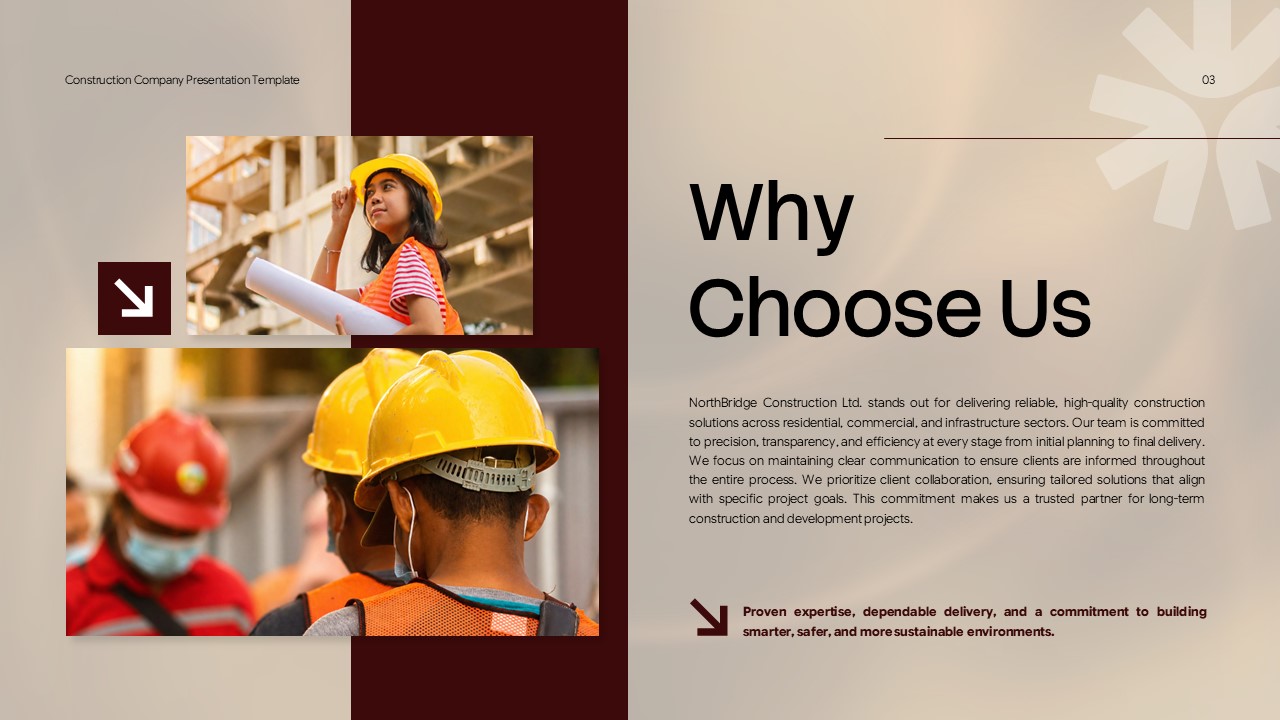 Construction Company Profile - Why Choose Us slide with overlapping workforce photos and value proposition text