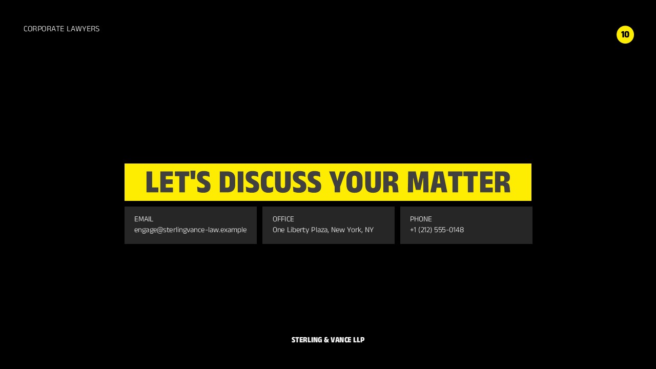 Corporate Lawyers Contact Information Template - Yellow CTA banner with three contact boxes and firm footer on black background