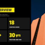 Corporate Lawyers Firm Overview Template - Split layout with four bold KPI stat boxes and corporate tower photography