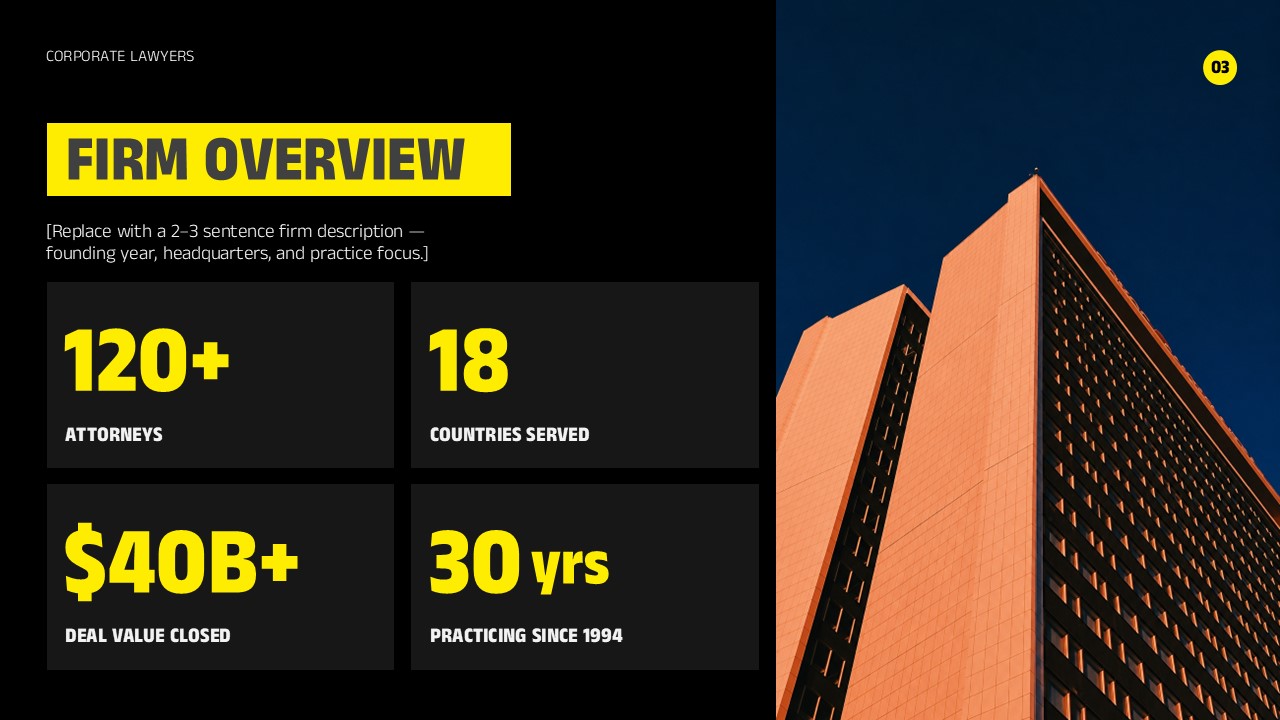Corporate Lawyers Firm Overview Template - Split layout with four bold KPI stat boxes and corporate tower photography