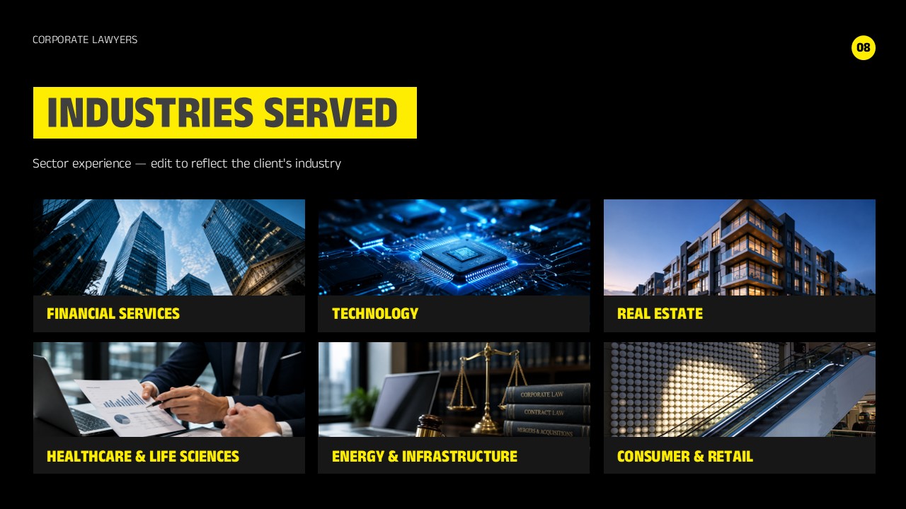Corporate Lawyers Industries Served Template - Six-panel photo grid covering finance, tech, real estate, and healthcare sectors