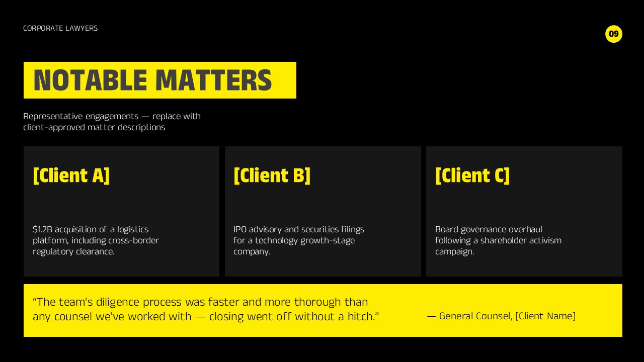 Corporate Lawyers Notable Matters Template - Three deal case study cards topped by a bold yellow client testimonial banner