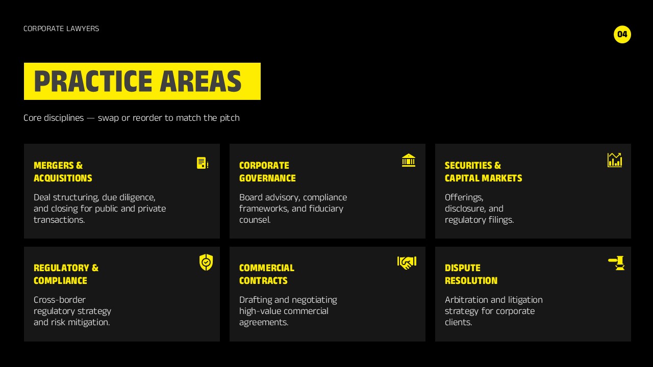 Corporate Lawyers Practice Areas Template - Six-panel icon card grid covering M&A, governance, securities, and more