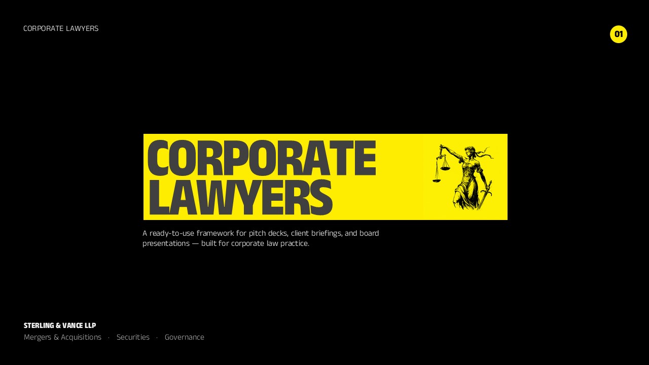 Corporate Lawyers Template - Bold black and yellow cover slide with Lady Justice illustration and firm branding