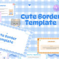 Plantilla de borde adorable: diapositiva de portada kawaii con fondo de cuadros azules y marco ondulado festoneado.
