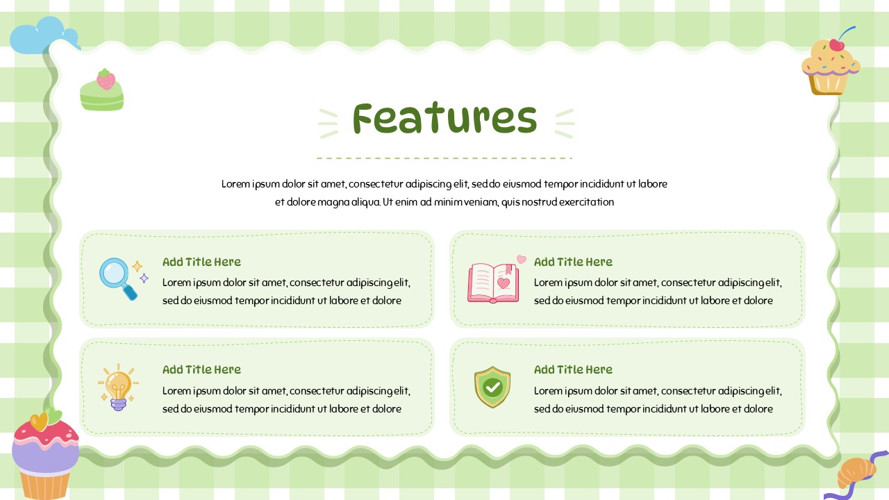 Cute Border Template - examples slide with beige gingham and four illustrated location content blocks