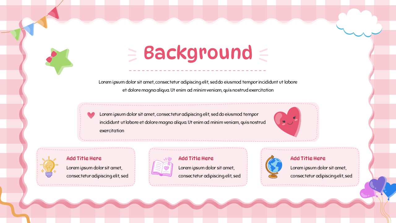 Cute Border Template - types and categories slide with lavender gingham and four icon content cards
