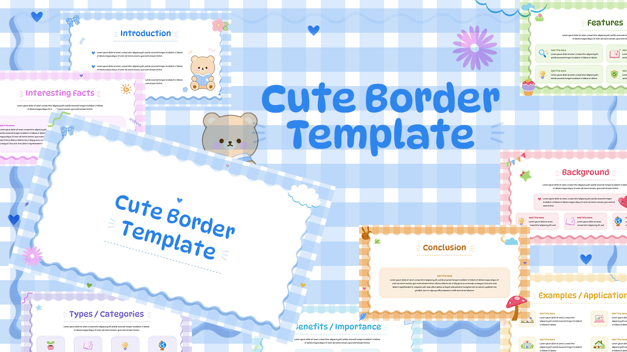Cute Border Template - kawaii cover slide with blue gingham background and wavy scalloped frame