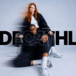 Decathlon Google Slides PowerPoint Template - Cinematic black-and-white cover with motion-blur athletes and bold brand typography