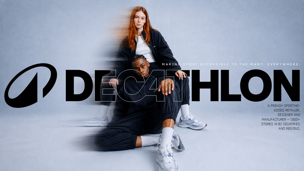Decathlon Google Slides PowerPoint Template - Cinematic black-and-white cover with motion-blur athletes and bold brand typography