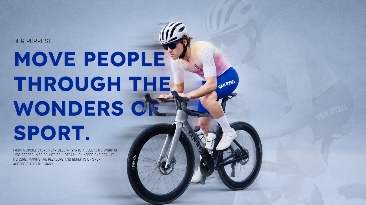 Decathlon Purpose Mission Statement Template - Blue-gray slide with royal blue oversized mission headline and cycling athlete