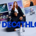 Decathlon Template - Fan-style collage previewing all 11 slides with models in sportswear and bold blue logo