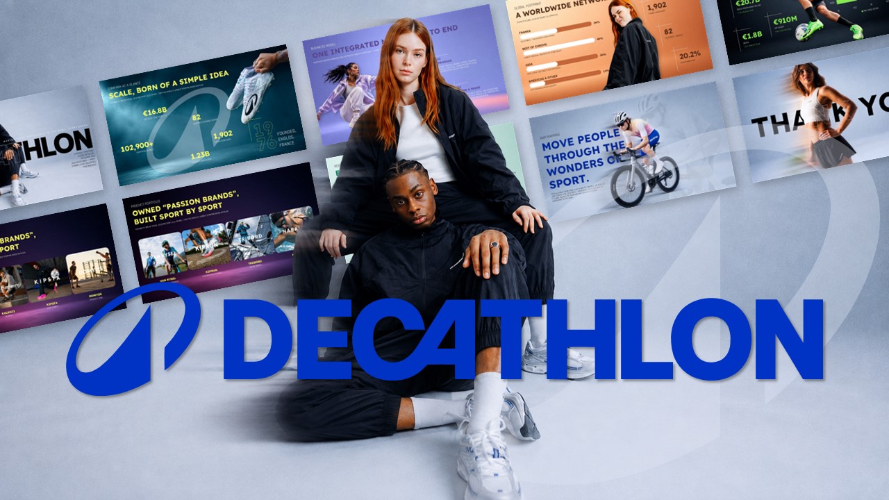 Decathlon Template - Fan-style collage previewing all 11 slides with models in sportswear and bold blue logo