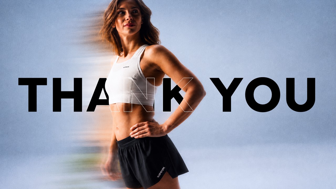 Decathlon Thank You Template - Full-bleed closing slide with oversized black typography and motion-blur Kiprun runner