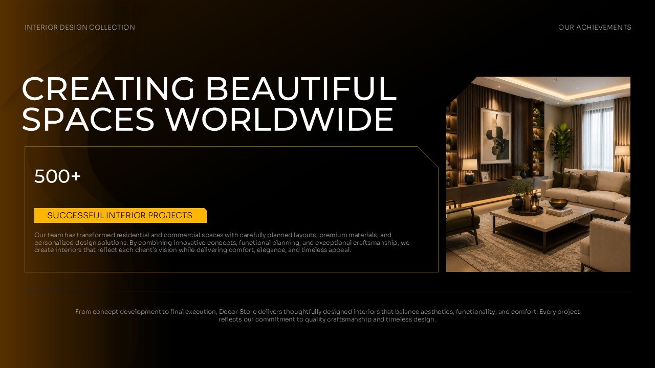 Decor Store Template - Expertise slide to present design solutions and key statistics