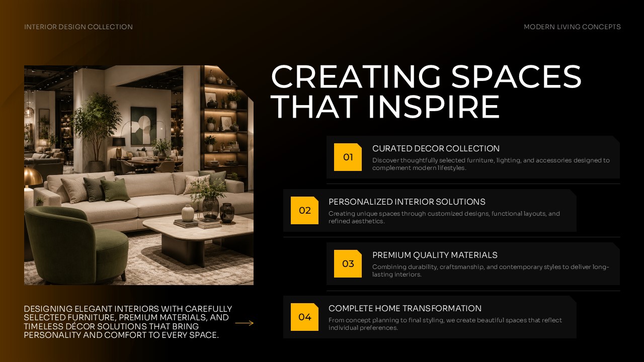 Decor Store Template - Credentials slide to showcase client metrics and brand values