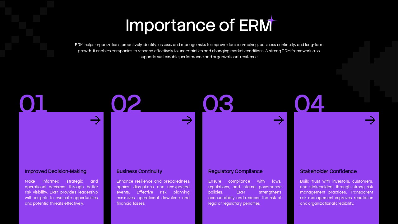 ERM Framework Components Template - split slide with black left panel and purple right panel listing five framework elements