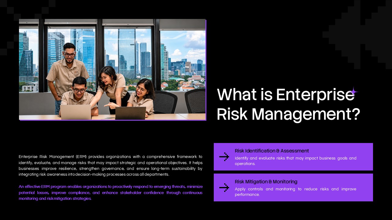 Enterprise Risk Management Importance Template - four numbered purple vertical cards on black background