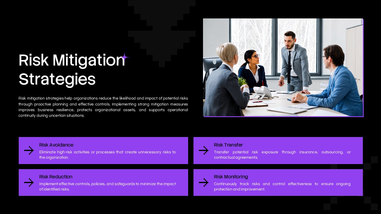 ERM Risk Response Planning Template - purple left panel with three dark numbered strategy cards on black background