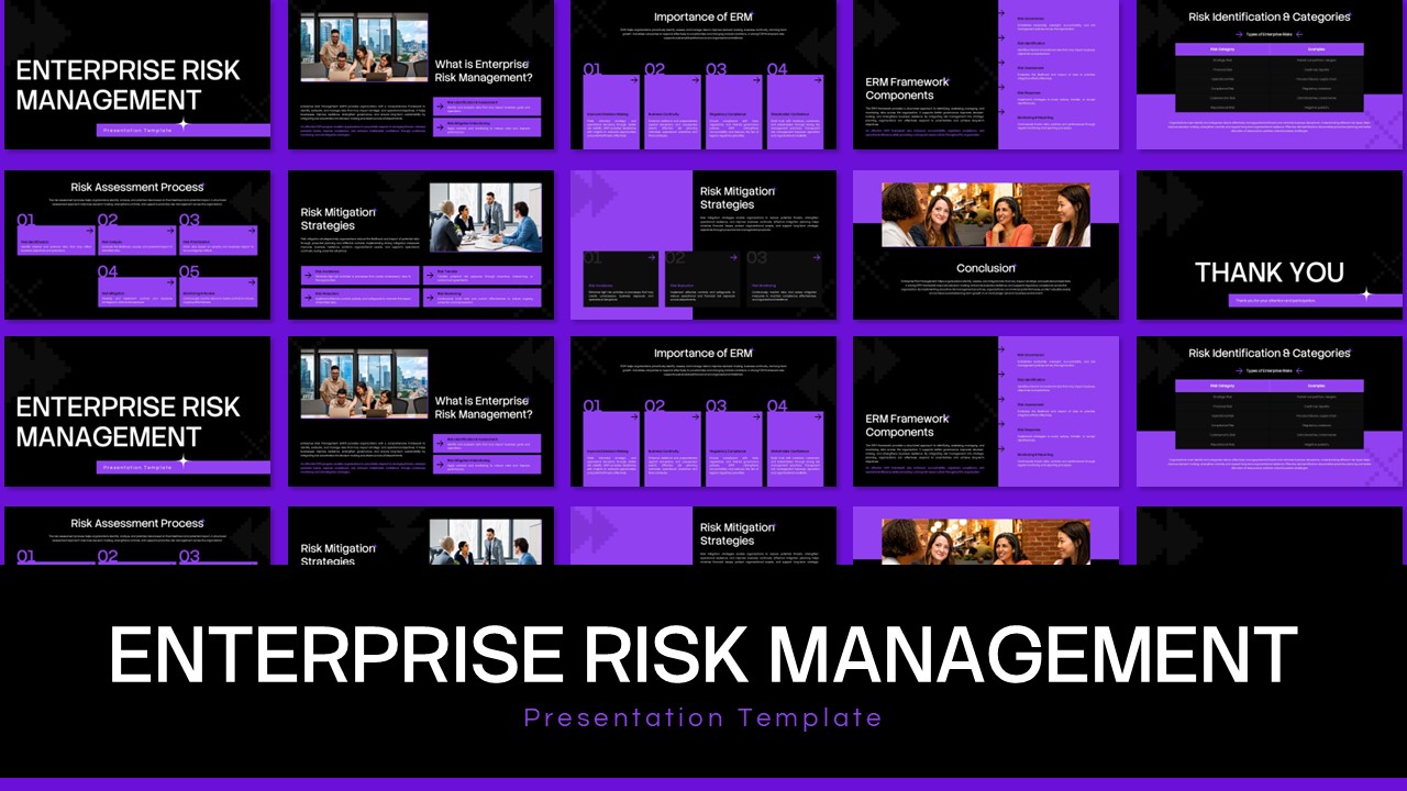 Enterprise Risk Management Template - black cover slide with bold white title and purple bottom banner