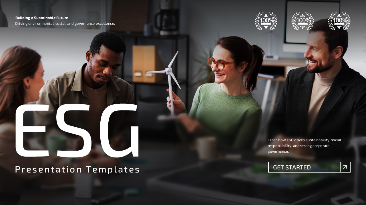 ESG Presentation Template - Dark cover slide with hero ESG title and wind turbine background