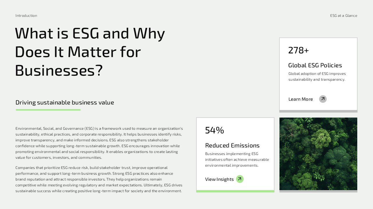 ESG Presentation Template - Introduction slide defining ESG with stats and two-column layout