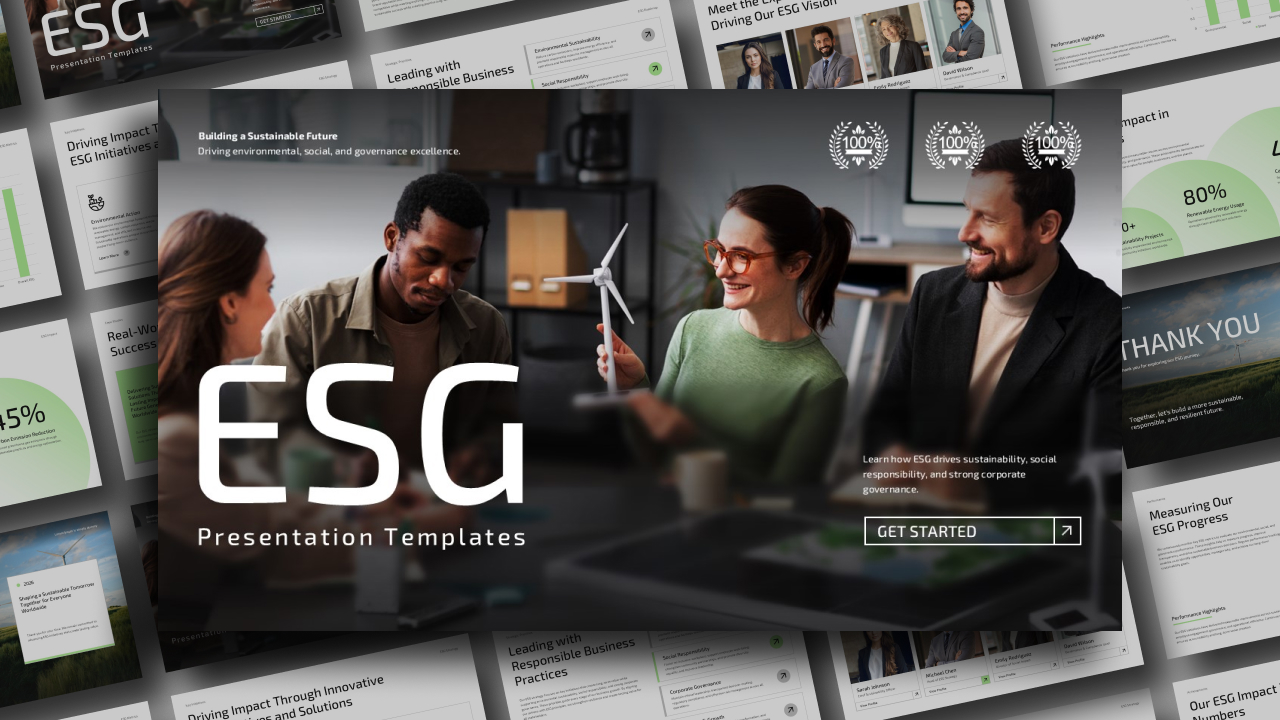 ESG Presentation Template - Full slide deck preview with dark, white, and green design