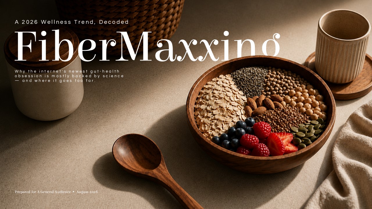FiberMaxxing Google Slides Template - Cinematic dark hero slide with moody food photography and bold serif title