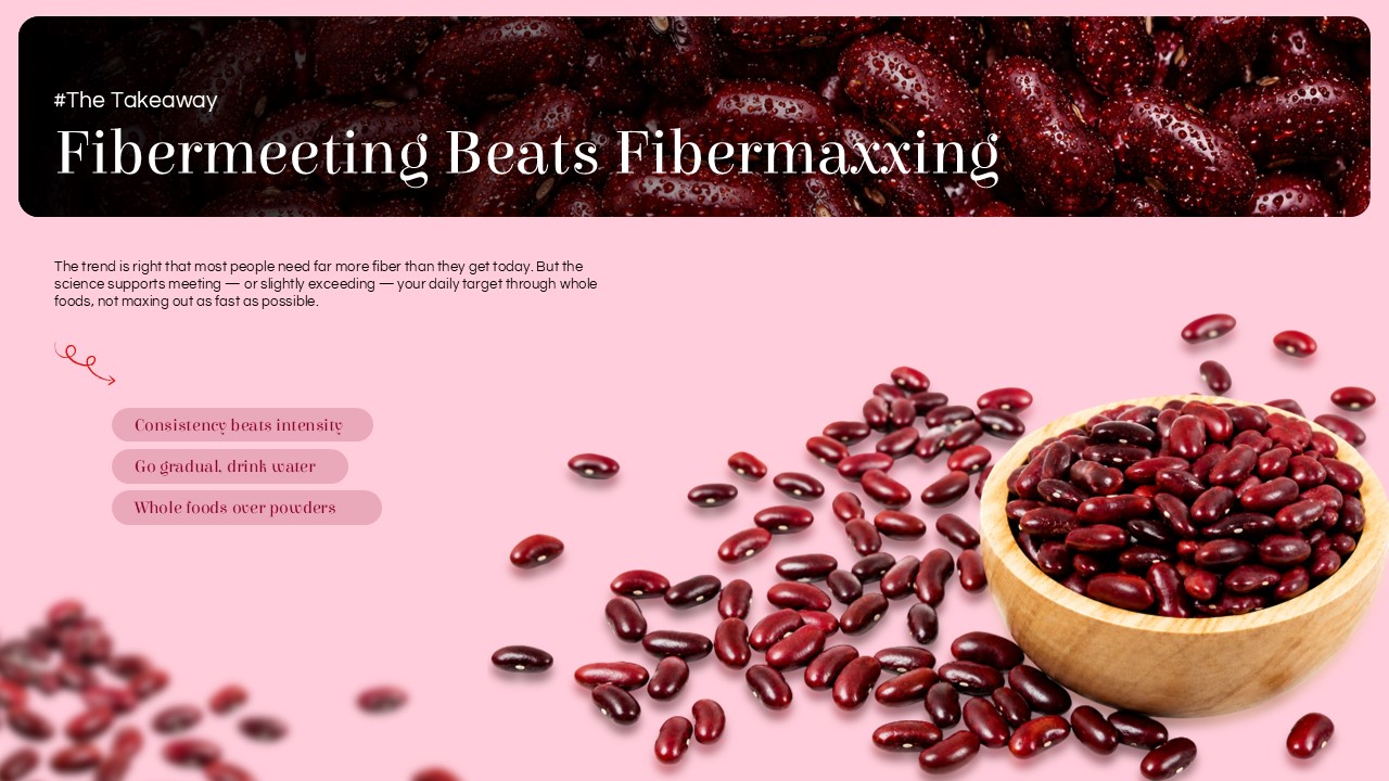 FiberMaxxing Conclusion Slide - Bold takeaway title with three summary pill badges and dark berry photography