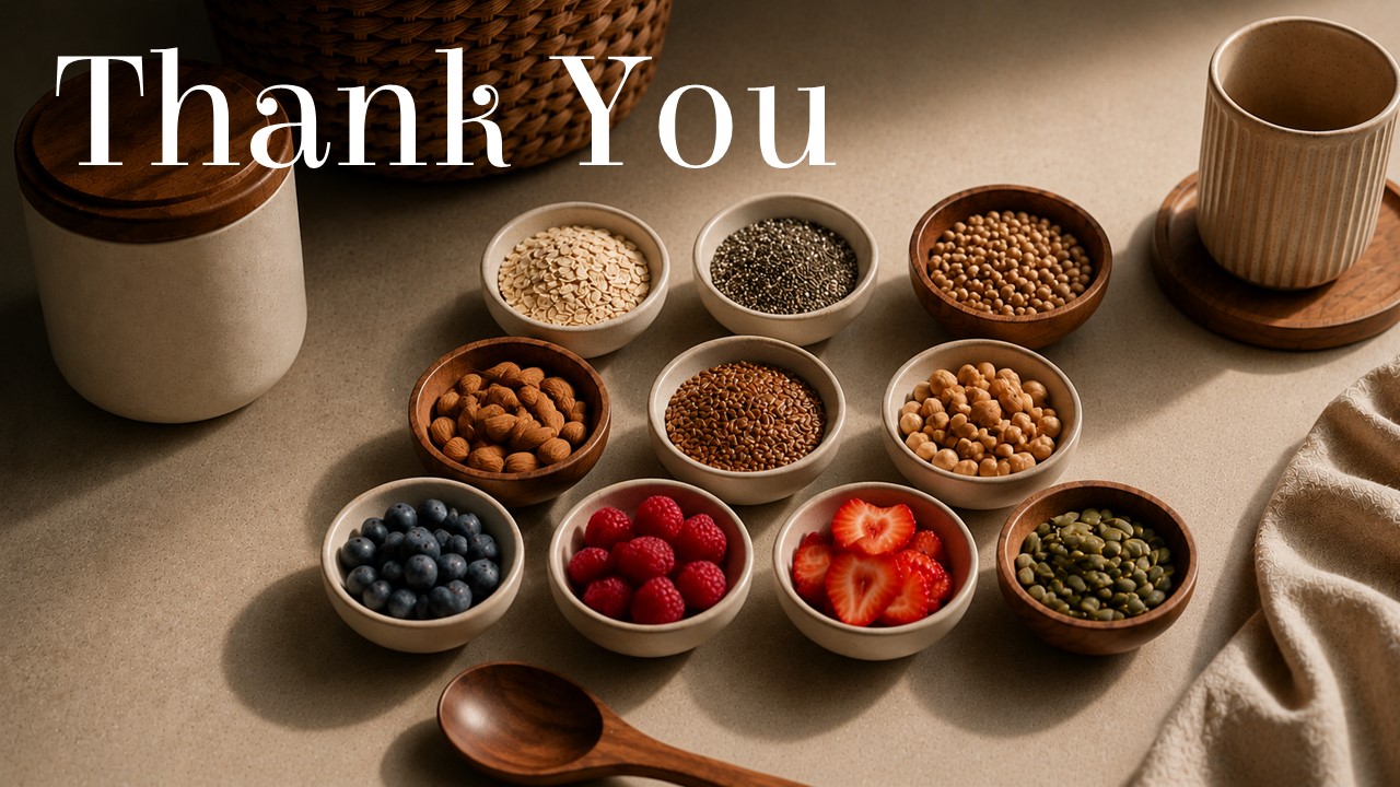 FiberMaxxing Thank You Slide - Closing wellness slide with food photography and presenter contact details