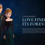 Frozen 3 Character Story Slide – Anna and Kristoff wedding artwork left, 'Love Finds Its Forever' headline and body text right
