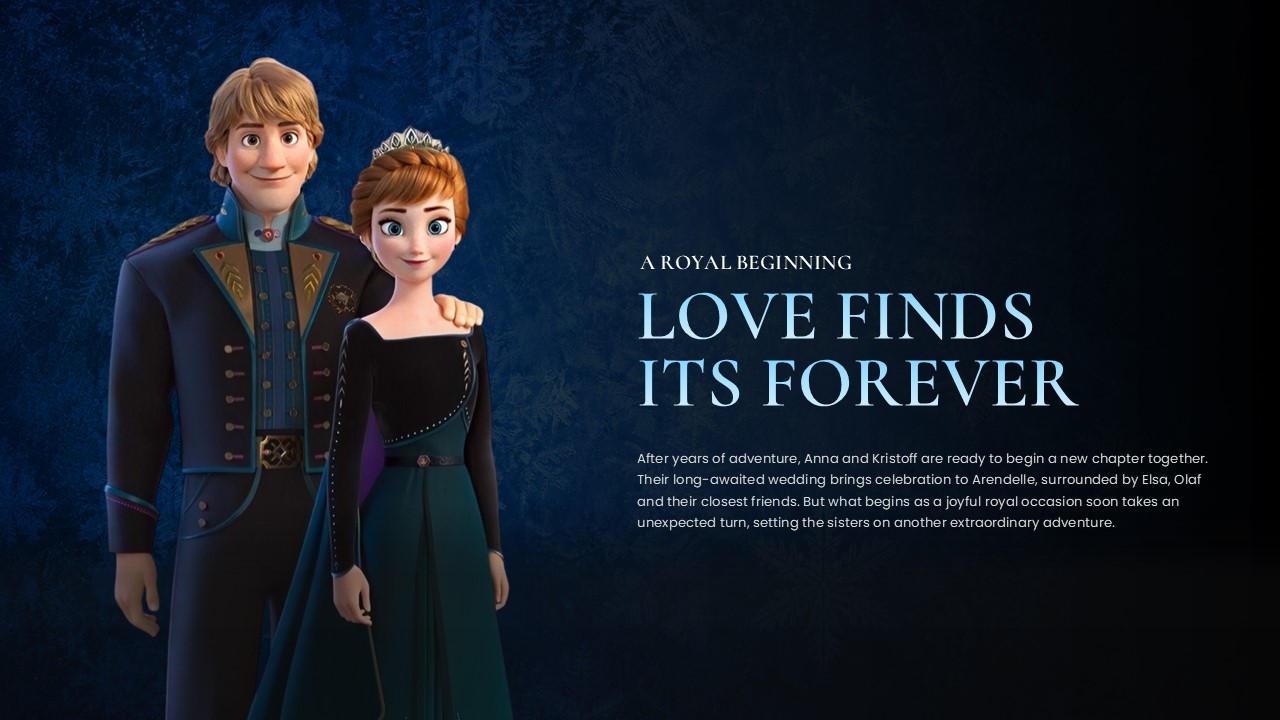 Frozen 3 Character Story Slide – Anna and Kristoff wedding artwork left, 'Love Finds Its Forever' headline and body text right