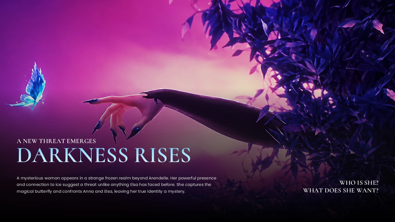 Frozen 3 Villain Reveal Template – purple-magenta atmospheric slide with 'Darkness Rises' headline and mystery teaser text