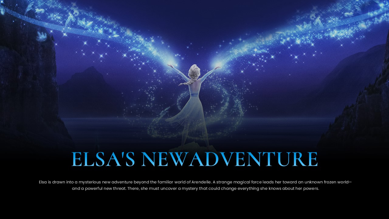 Frozen 3 Elsa Character Spotlight Template – full-bleed slide with Elsa pose, cyan magical effects, and centered headline and body text