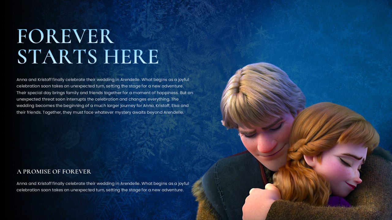 Frozen 3 Story Narrative Template – two-column slide with dual text sections and Kristoff and Anna embrace artwork on the right