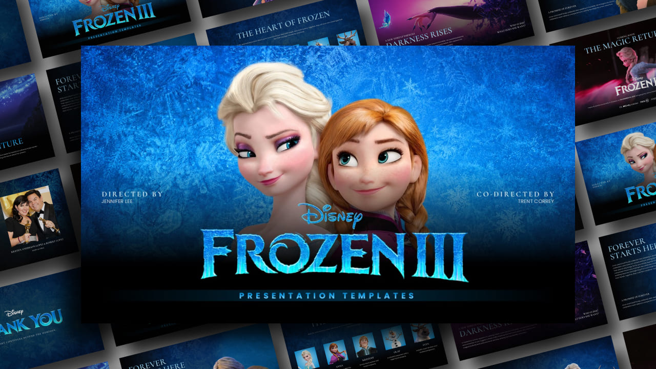 Frozen 3 Google Slides PowerPoint Template – multi-slide collage preview showing all 11 slide designs in blue and purple palette