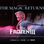 Frozen 3 Release Announcement Template – black slide with Elsa action pose, red particle effects, release date, and Dolby IMAX logos