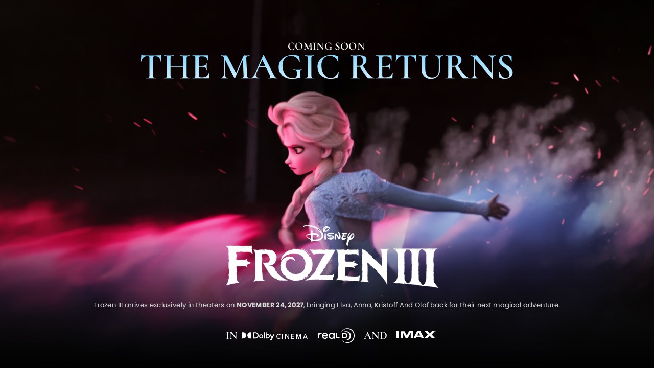 Frozen 3 Release Announcement Template – black slide with Elsa action pose, red particle effects, release date, and Dolby IMAX logos