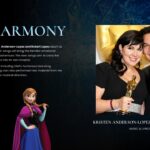 Frozen 3 Creative Team Spotlight Template – two-column slide with songwriter photo, 'New Harmony' headline, and music credits