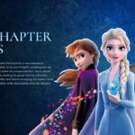 Frozen 3 Story Synopsis Template – two-column slide with 'New Chapter Begins' headline, plot summary text, and ensemble character artwork