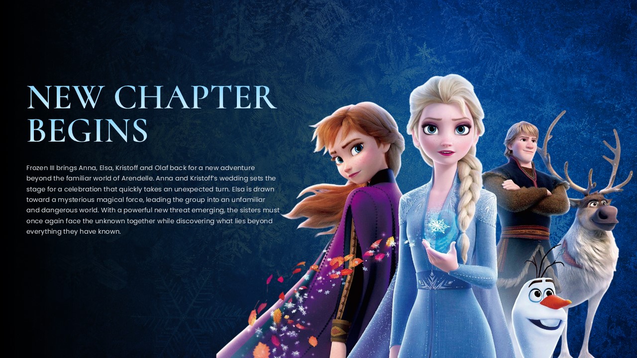 Frozen 3 Story Synopsis Template – two-column slide with 'New Chapter Begins' headline, plot summary text, and ensemble character artwork