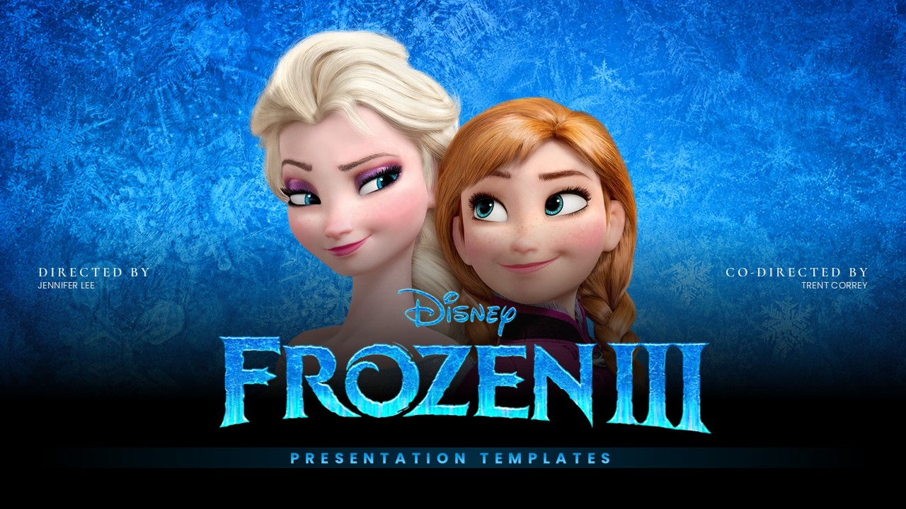 Frozen 3 Presentation Template – cinematic cover slide with Elsa and Anna artwork, icy title typography, and director credits