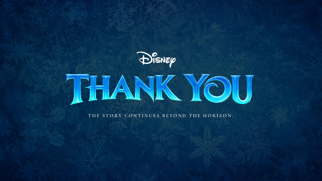 Frozen 3 Thank You Template – royal blue snowflake-textured closing slide with large icy 'Thank You' title and Disney logo