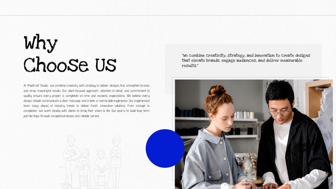 Graphic Design Company Template - Credibility slide with four KPI stat cards showing projects, clients, experience, and retention